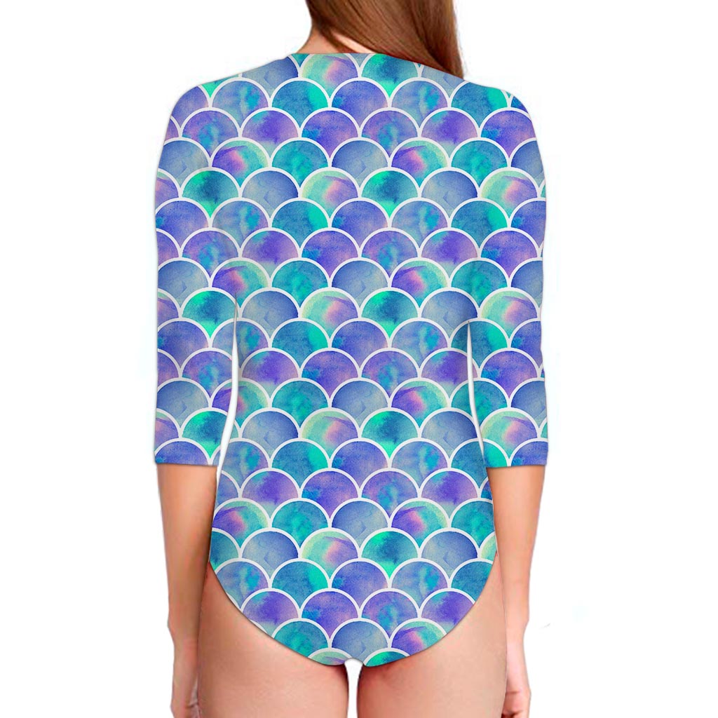 Sea Blue Mermaid Scales Pattern Print Long Sleeve Swimsuit