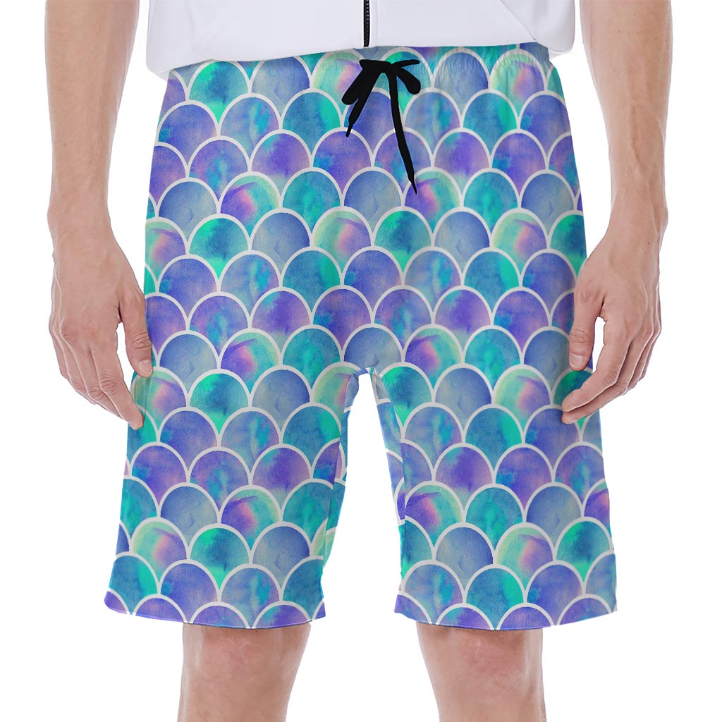 Sea Blue Mermaid Scales Pattern Print Men's Beach Shorts