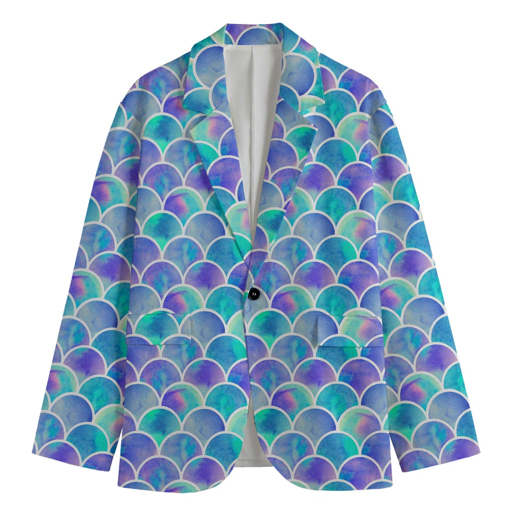 Sea Blue Mermaid Scales Pattern Print Men's Cotton Blazer