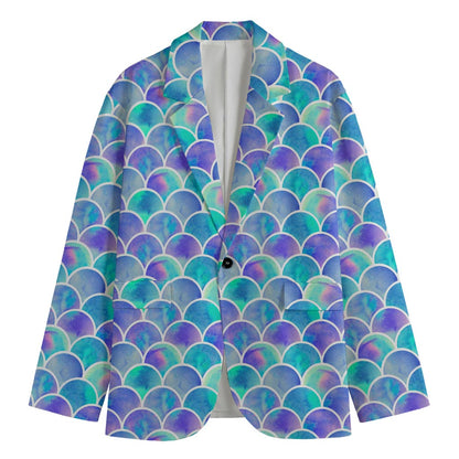Sea Blue Mermaid Scales Pattern Print Men's Cotton Blazer