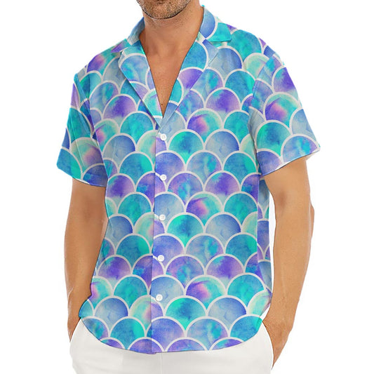 Sea Blue Mermaid Scales Pattern Print Men's Deep V-Neck Shirt
