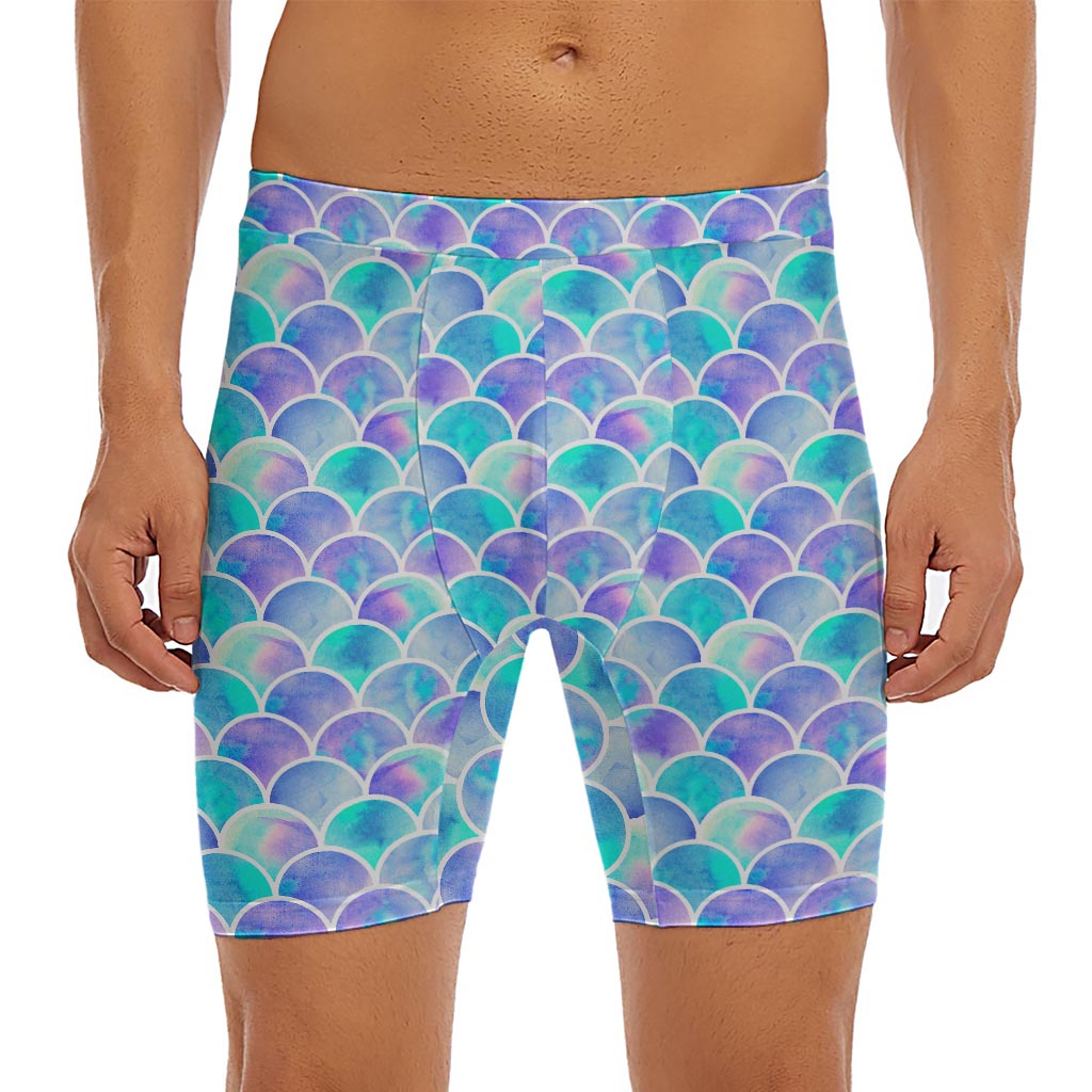 Sea Blue Mermaid Scales Pattern Print Men's Long Boxer Briefs