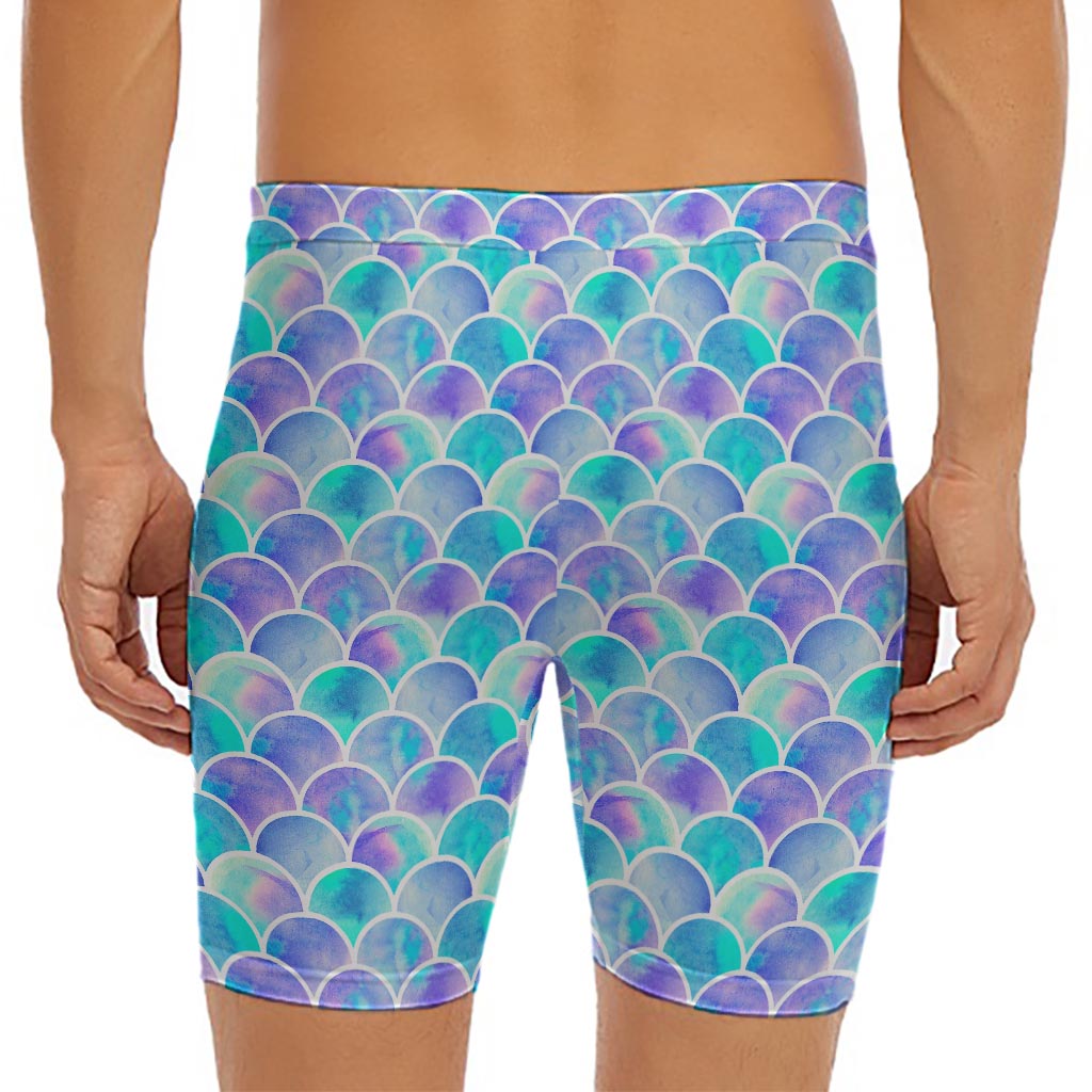 Sea Blue Mermaid Scales Pattern Print Men's Long Boxer Briefs