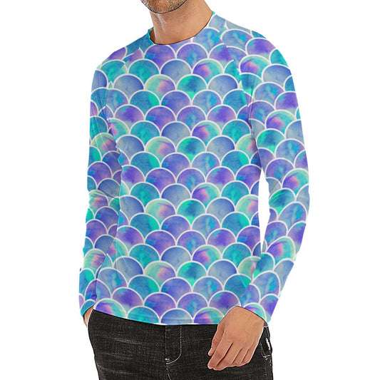 Sea Blue Mermaid Scales Pattern Print Men's Long Sleeve Rash Guard