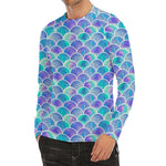 Sea Blue Mermaid Scales Pattern Print Men's Long Sleeve Rash Guard