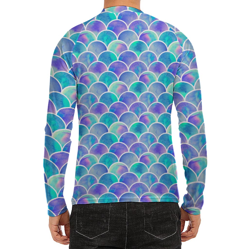 Sea Blue Mermaid Scales Pattern Print Men's Long Sleeve Rash Guard