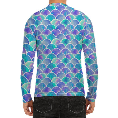 Sea Blue Mermaid Scales Pattern Print Men's Long Sleeve Rash Guard