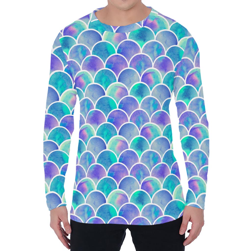 Sea Blue Mermaid Scales Pattern Print Men's Long Sleeve T-Shirt