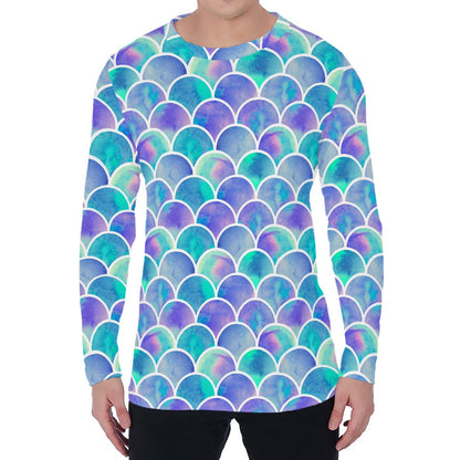 Sea Blue Mermaid Scales Pattern Print Men's Long Sleeve T-Shirt