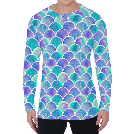 Sea Blue Mermaid Scales Pattern Print Men's Long Sleeve T-Shirt