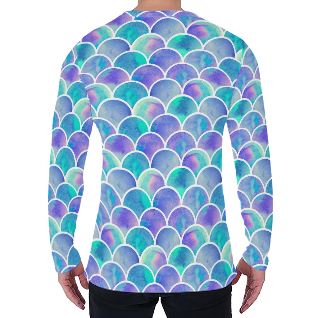 Sea Blue Mermaid Scales Pattern Print Men's Long Sleeve T-Shirt