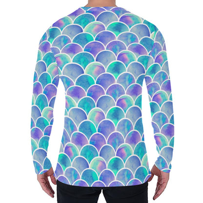 Sea Blue Mermaid Scales Pattern Print Men's Long Sleeve T-Shirt