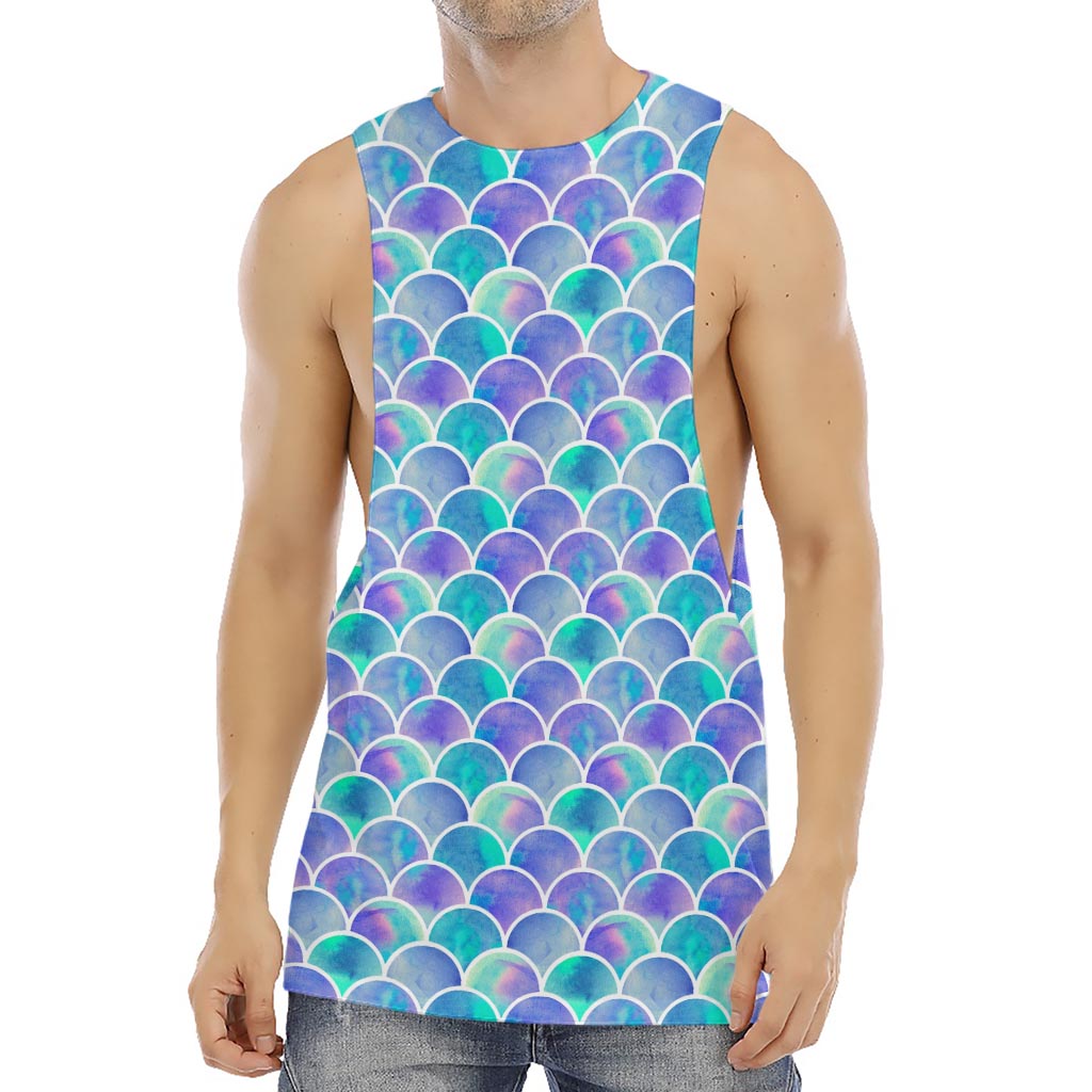 Sea Blue Mermaid Scales Pattern Print Men's Muscle Tank Top