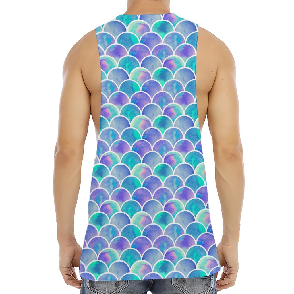 Sea Blue Mermaid Scales Pattern Print Men's Muscle Tank Top