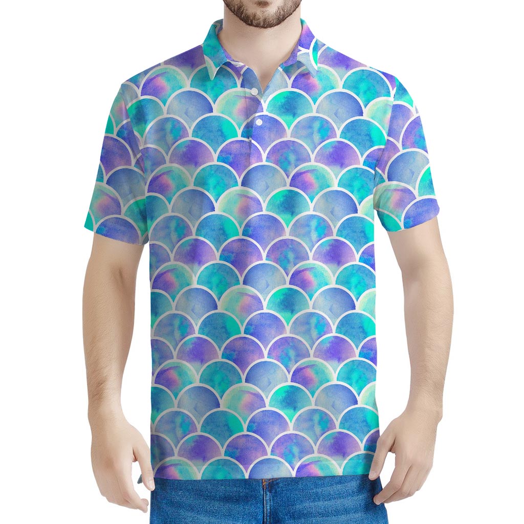 Sea Blue Mermaid Scales Pattern Print Men's Polo Shirt