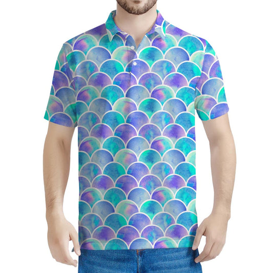Sea Blue Mermaid Scales Pattern Print Men's Polo Shirt