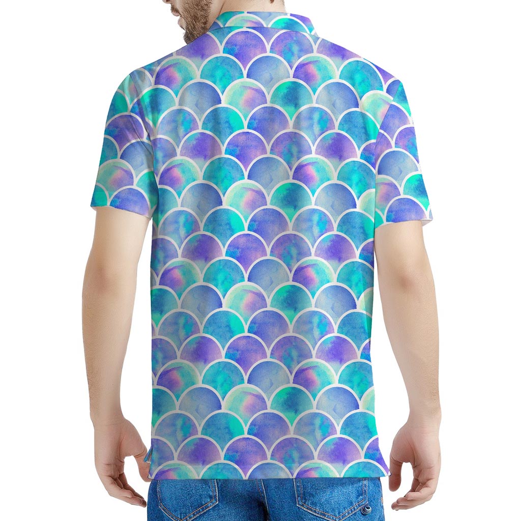 Sea Blue Mermaid Scales Pattern Print Men's Polo Shirt