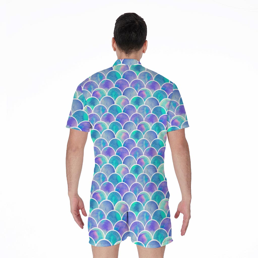 Sea Blue Mermaid Scales Pattern Print Men's Rompers