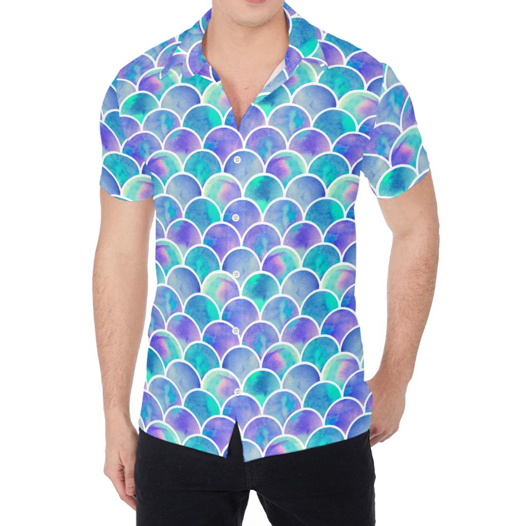Sea Blue Mermaid Scales Pattern Print Men's Shirt