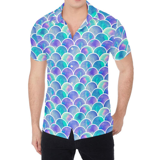 Sea Blue Mermaid Scales Pattern Print Men's Shirt