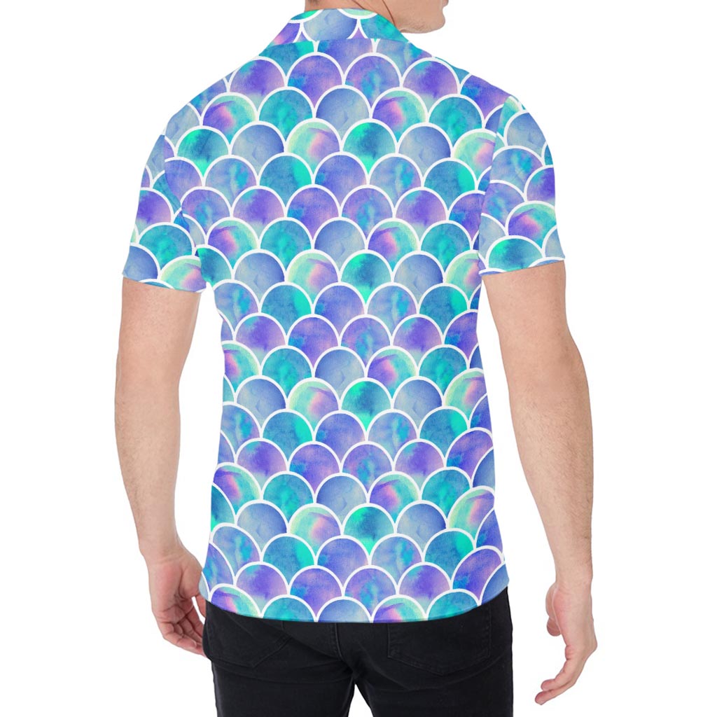 Sea Blue Mermaid Scales Pattern Print Men's Shirt