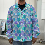 Sea Blue Mermaid Scales Pattern Print Men's Shirt Jacket