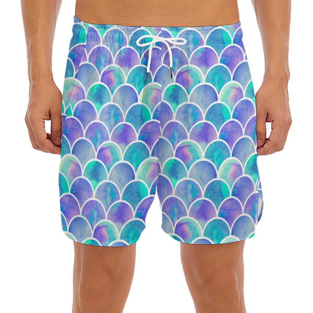 Sea Blue Mermaid Scales Pattern Print Men's Split Running Shorts