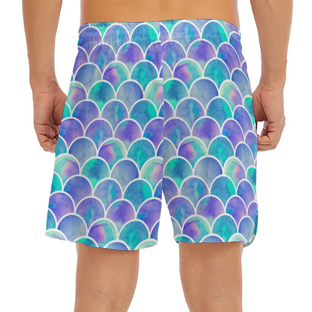 Sea Blue Mermaid Scales Pattern Print Men's Split Running Shorts