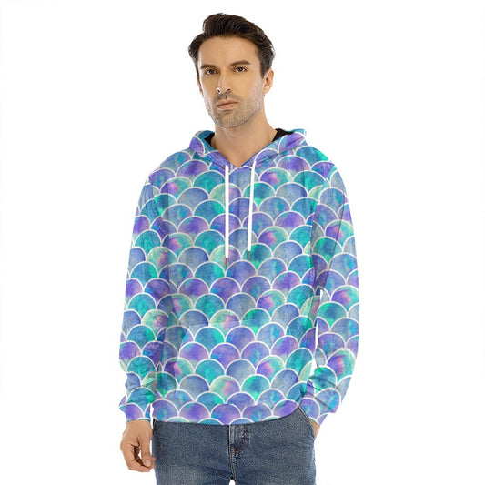 Sea Blue Mermaid Scales Pattern Print Men's Velvet Pullover Hoodie