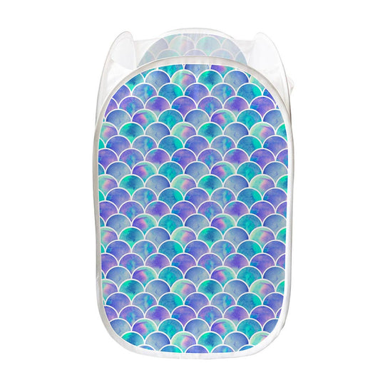 Sea Blue Mermaid Scales Pattern Print Mesh Laundry Hamper