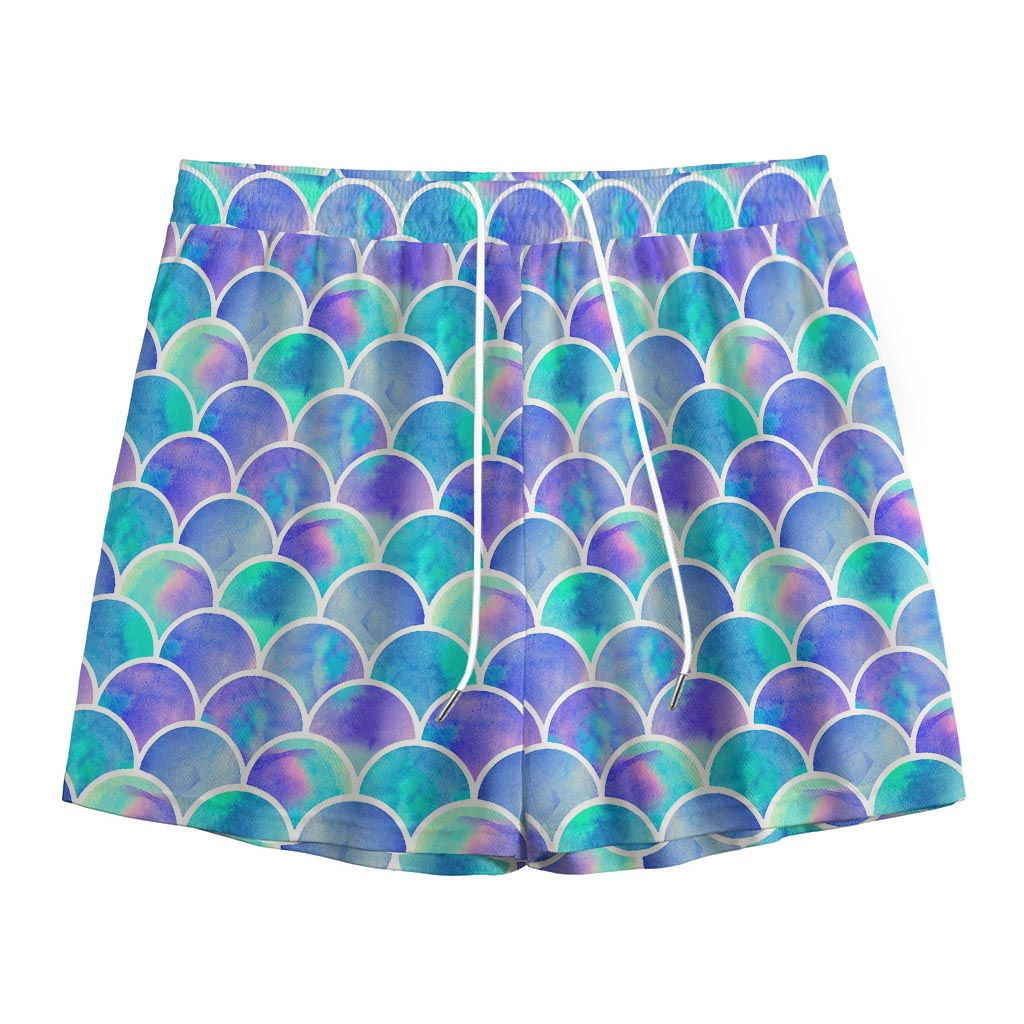 Sea Blue Mermaid Scales Pattern Print Mesh Shorts