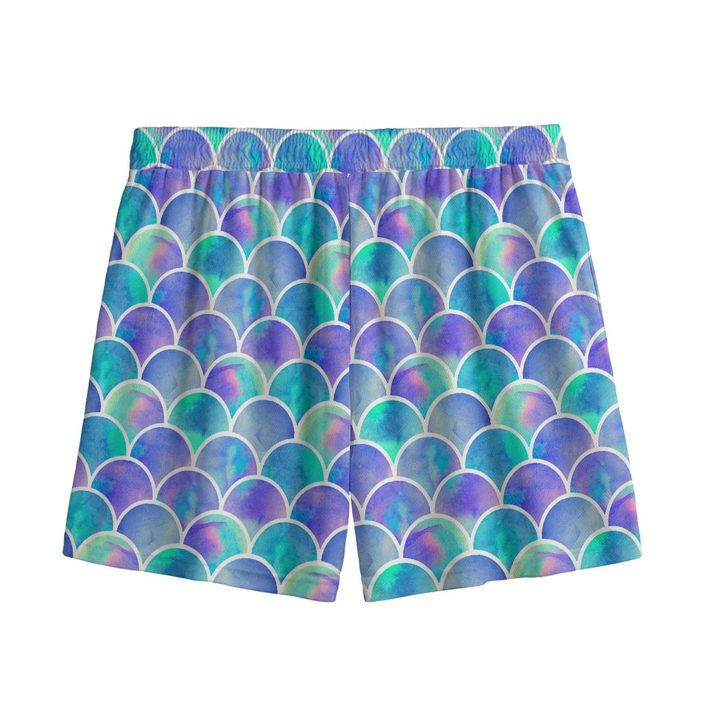 Sea Blue Mermaid Scales Pattern Print Mesh Shorts