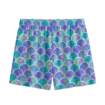Sea Blue Mermaid Scales Pattern Print Mesh Shorts