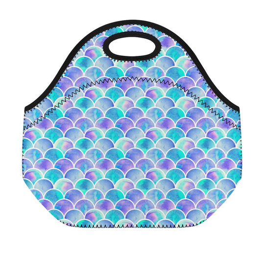 Sea Blue Mermaid Scales Pattern Print Neoprene Lunch Bag