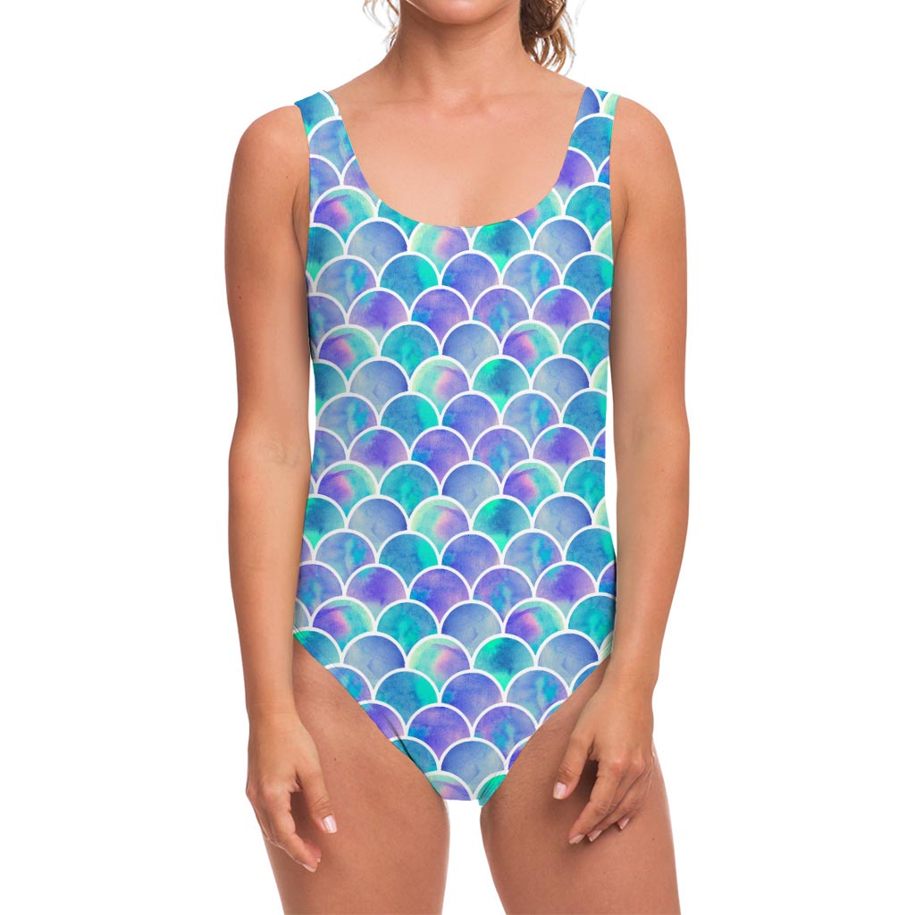 Sea Blue Mermaid Scales Pattern Print One Piece Swimsuit