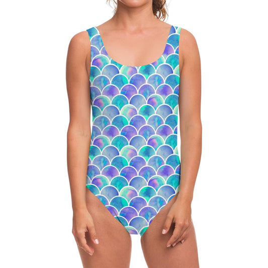 Sea Blue Mermaid Scales Pattern Print One Piece Swimsuit