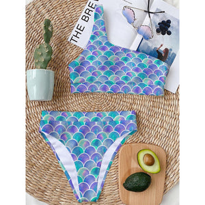 Sea Blue Mermaid Scales Pattern Print One Shoulder Bikini Top