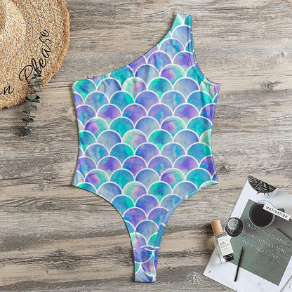 Sea Blue Mermaid Scales Pattern Print One Shoulder Bodysuit