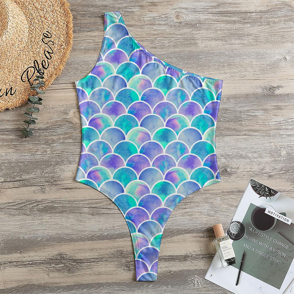 Sea Blue Mermaid Scales Pattern Print One Shoulder Bodysuit