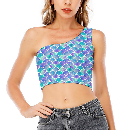 Sea Blue Mermaid Scales Pattern Print One Shoulder Crop Top