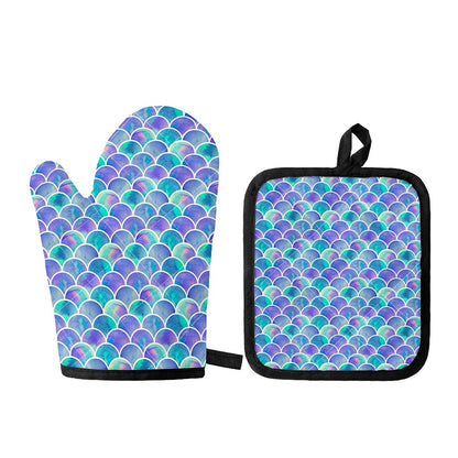 Sea Blue Mermaid Scales Pattern Print Oven Mitt And Pot Holder Set