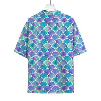 Sea Blue Mermaid Scales Pattern Print Rayon Hawaiian Shirt