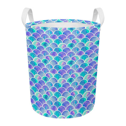 Sea Blue Mermaid Scales Pattern Print Round Laundry Basket