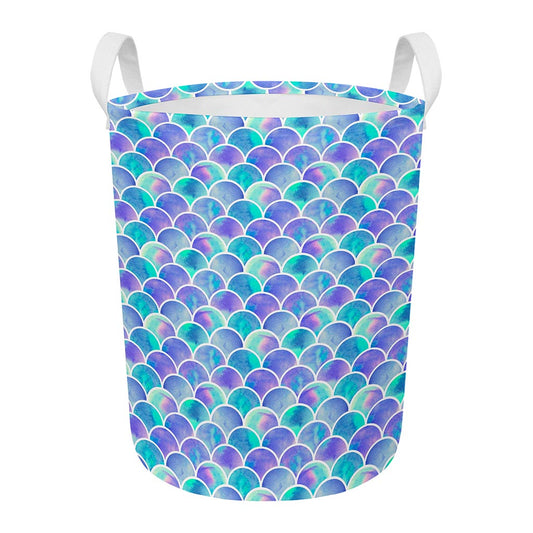 Sea Blue Mermaid Scales Pattern Print Round Laundry Basket