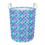 Sea Blue Mermaid Scales Pattern Print Round Laundry Basket