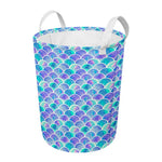 Sea Blue Mermaid Scales Pattern Print Round Laundry Basket