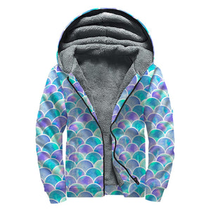 Sea Blue Mermaid Scales Pattern Print Sherpa Lined Zip Up Hoodie