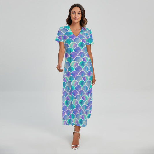 Sea Blue Mermaid Scales Pattern Print Short Sleeve Maxi Dress