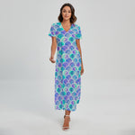 Sea Blue Mermaid Scales Pattern Print Short Sleeve Maxi Dress