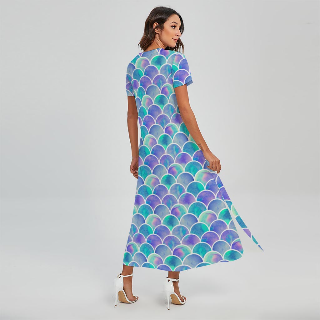 mermaid scale dress Sea Blue Mermaid Scales Pattern Print Short Sleeve Maxi Dress – GearFrost